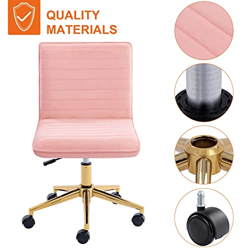 Furnimart Pink Swivel Armless Desk Chair with Wheels, Small Velvet Upholstered Home Office Desk Chair Mid-Back Adjustable Chair for Teen Girl Vanity Desk Bedroom Dorm Living Room (Velvet-Pink) - color: Velvet-pink
