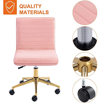 Furnimart Pink Swivel Armless Desk Chair with Wheels, Small Velvet Upholstered Home Office Desk Chair Mid-Back Adjustable Chair for Teen Girl Vanity Desk Bedroom Dorm Living Room (Velvet-Pink) - color: Velvet-pink