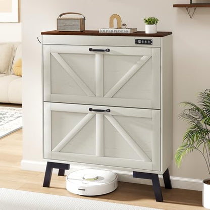 Shoe Storage Cabinet with Deodorizer, Narrow Entryway Storage, Anti-Tip | Deodorizer with 4 Modes , 2 Flip Drawers , Adjustable Shelves , Narrow White Design , Anti-Tip Kit , 9.4"D x 31.4"W - size: 38.9"H x 31.4"W x 9.4"D