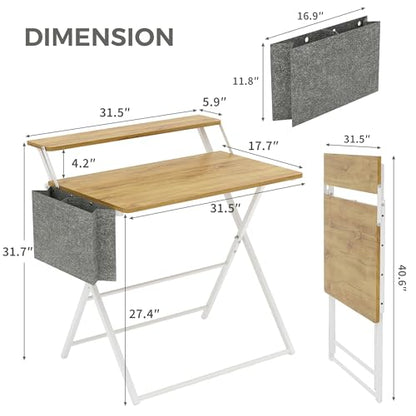 Small Desk No Assembly,31.5Inch 2-Tier Compact Computer Desk with Shelf & Side Pocket,Space Saving Foldable Table for Home Office, Bedroom or Apartment,Portable Collapsible Sturdy Laptop Desk,Oak - color: Oak