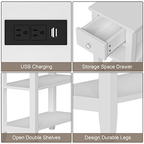 ChooChoo Narrow End Table with Charging Station and Drawer | Narrow End Table, 3-Tier Sofa End Table, Small Space, White - color: White