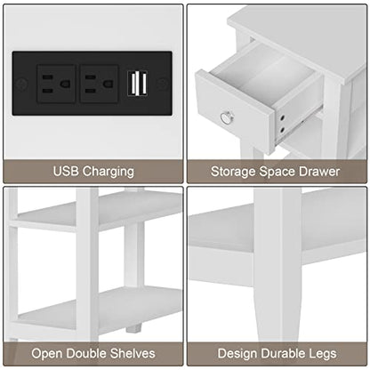 ChooChoo Narrow End Table with Charging Station and Drawer | Narrow End Table, 3-Tier Sofa End Table, Small Space, White - color: White