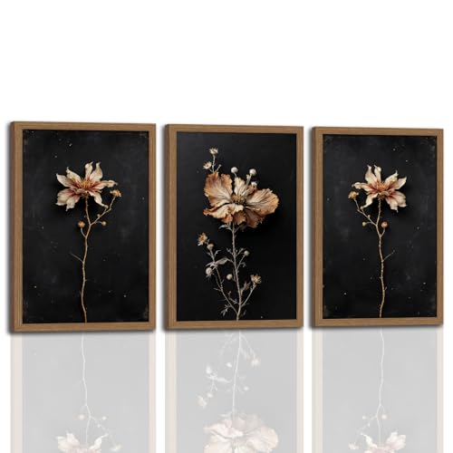 Framed Vintage Moody Botanical Wall Art Decor Dark Dried Flower Minimalist Canvas Prints Pictures Rustic Retro Art work for Dining room Walls Living Room Bedroom Bathroom Preparing to hang 16x24in - color: Vintage Floral, size: 16x24 Inches