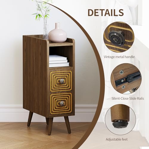 Nightstands Set of 2,Night Stand Bed Side Table with Storage Space,Wooden Bedside Table with Open Shelf,2 Drawers,End Table with Solid Wood Feet for Bedroom,College Dorm,Entryway (Walnut) - color: Walnut