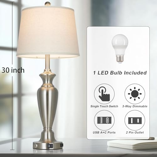 Cinyirong 30" Tall Silver Table Lamp for Living Room, 3-Way Dimmable Touch Control Bedside Lamp for Bedroom Nightstand with USB A+C Ports & AC Outlet (1 Pack) - color: Silver (1 Pack)