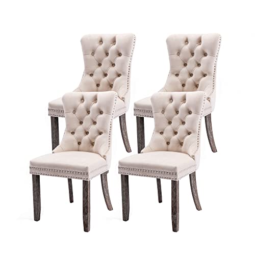Virabit Upholstered Dining Chairs Set of 4, Velvet Tufted Dining Chairs with Nailhead Back and Ring Pull Trim, Solid Wood for Kitchen/Bedroom/Dining Room (Beige) - color: Beige, size: set of 4