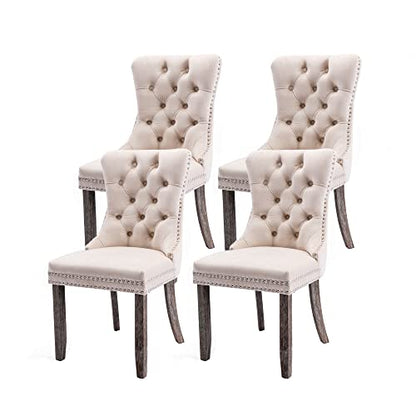 Virabit Upholstered Dining Chairs Set of 4, Velvet Tufted Dining Chairs with Nailhead Back and Ring Pull Trim, Solid Wood for Kitchen/Bedroom/Dining Room (Beige) - color: Beige, size: set of 4