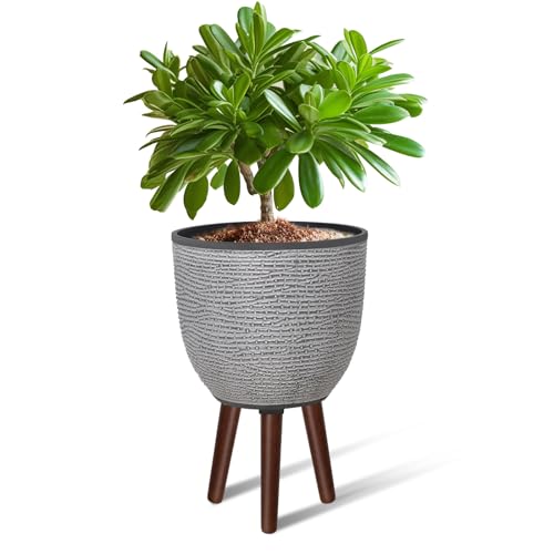 12 Inches Large Decorative Plant Pot with Stand | Standing Planters with Drainage Holes for Indoor Plants, Modern Gray Flower Pots with Legs - color: Gray, size: 12 Inches