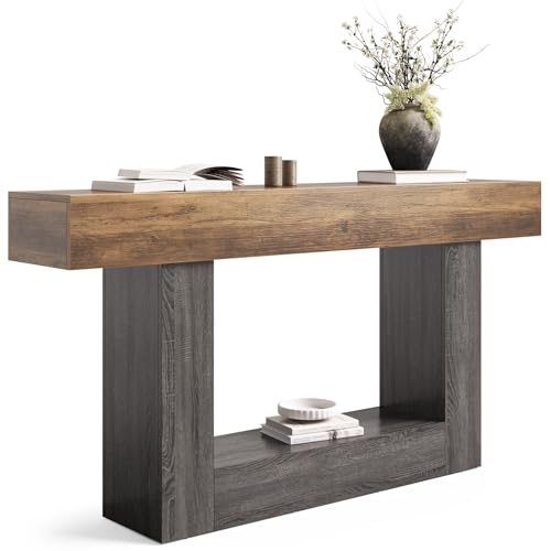 LITTLE TREE 63 Inches Long Console Table, 2-Tier Farmhouse Sofa Table Behind Couch, Large Narrow Entryway Table for Living Room, Wooden Hallway Foyer Table with Heavy Duty Base, Rustic Brown and Grey - color: Rustic Brown and Grey