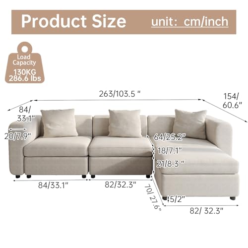 Velvet Sectional Sofa with 3 Pillows and Storage Ottoman, Convertible L-Shaped Couch with Cushions, 4 Seaters Couch for Living Room, Beige 103.5" L - size: 4 Seaters(With Ottoman)