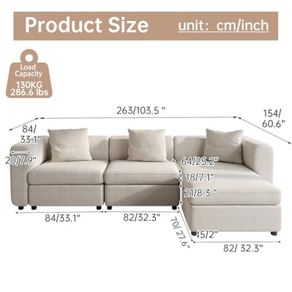 Velvet Sectional Sofa with 3 Pillows and Storage Ottoman, Convertible L-Shaped Couch with Cushions, 4 Seaters Couch for Living Room, Beige 103.5" L - size: 4 Seaters(With Ottoman)
