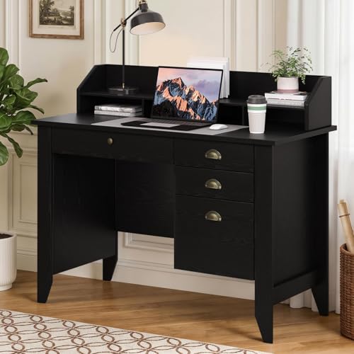 4 EVER WINNER Black Desk with Drawers, Small Desk with File Drawer and Monitor Stand, Computer Desk with Storage, Writing Desk for Bedroom Home Office, Black - color: Black