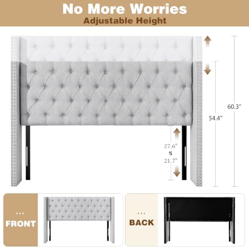King Size Linen Upholstered Headboard, for the Bedroom Grey | Adjustable-Height Tufted Channel Design Padded Head Board Wingback with Nailhead Trim Luxury Bed Headboard - color: Gray, size: King (U.S. Standard)