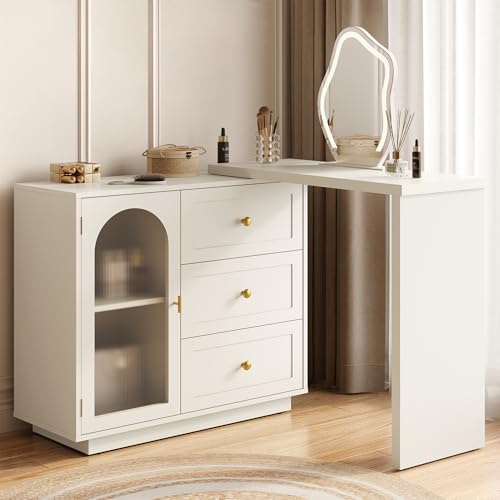 FansaFurn 59" L-Shaped Vanity Desk for Bedroom | 3 Drawer & 1 Door, Extendable Corner Makeup Vanity Table, Large Wood Vanity Dresser for Women Girl, White - color: White, size: 59”