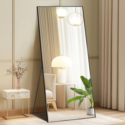 DUMOS 21"x56" Full Length Mirror with Stand, Full Body Floor Mirror | Free Standing or Wall Mount, Nano Glass Aluminum Frame, Hanging or Leaning, Modern Simple Home Decor, Black - color: Black-rect Edge, size: 56"L x 21"W