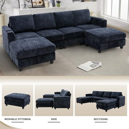 110" Convertible U-Shape Couch with 2 Flexible Ottomans, Blue | Soft Sectional Sofa with Durable Cup Holders, Chenille 4 Seater Sofa with Well-Filled Backrest for Living Room, House - color: Blue, size: 110" U-Shape