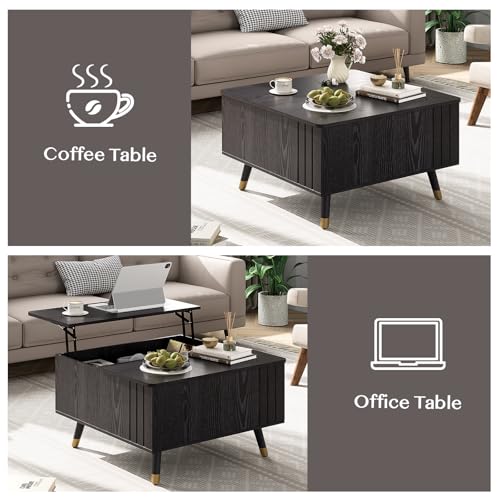 JOINICE Black Lift Top Coffee Table with Storage for Living Room,Square | 32" Multi-functional Pop Up Center Table,Large Hidden Compartments with Solid Wood Legs,Lift to 23",Hold 100lbs,Easy Assembly - color: Black_square