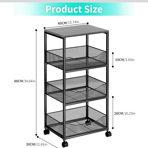 HapiRm Fruit Basket Kitchen Cart - 4-Tier Rolling Storage Cart with Wheels, Fruit Vegetable Basket with Wood Top, Pantry Utility Kitchen Organizer for Fruit Potato Onion Vegetable Bread Snack - color: Grey