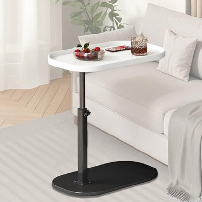 Adjustable Height C Shaped Side Table, Couch Tables that Slide Under, C Side Table Raised Edge, 360°Swivel C Shaped End Table, Small Coffee C Table, End Table for Sofa/Bed/Bathtub (Marble White) - color: Marble White