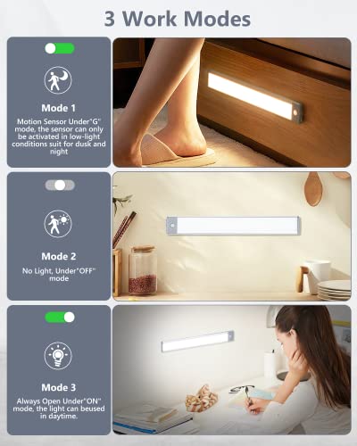 PRIORARE Motion Sensor Under Cabinet Lighting 3 Color Temperatures, 60-LED Wireless Closet Light, USB-C Rechargeable Battery Powered Operated Lights, Magnetic Activated Cupboard Night Light 2 Pack | 2 Pack USB-C Rechargeable Battery Powered Operated Light