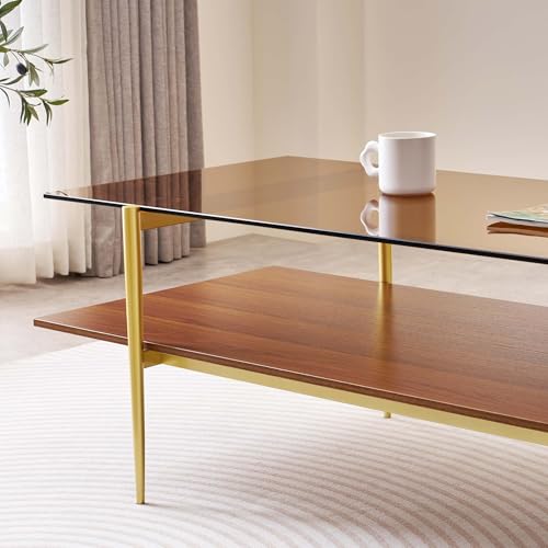 LumFurn X-Large L47in Rectangle Glass Coffee Table, Mid-Century Modern Design for Living Room, L47xW24xH17inch, Amber Glass and Walnut MDF Wood Shelf, Conical Legs with Gold Finish - color: L47" Amber & Walnut
