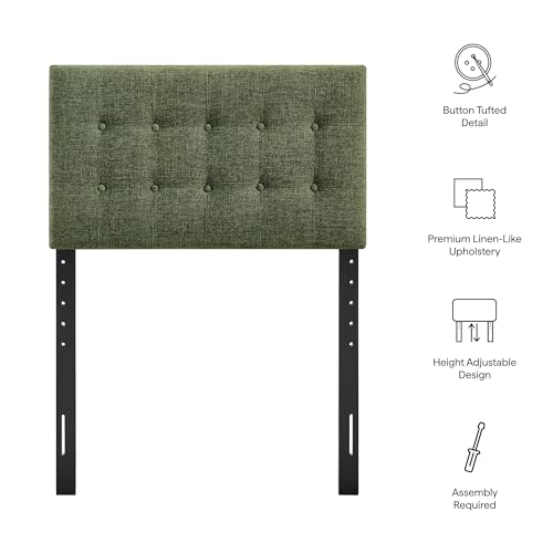 Modway Emily Twin Size Fabric Headboard in Foliage - Linen-Like Upholstery with Button Tufting and 7 Adjustable Height Positions - color: Foliage, size: Twin