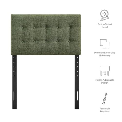 Modway Emily Twin Size Fabric Headboard in Foliage - Linen-Like Upholstery with Button Tufting and 7 Adjustable Height Positions - color: Foliage, size: Twin