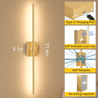 Battery Operated Wall Sconces Set of 2, 10000mAh Wireless Rechargeable 3000-6000K Dimmable 350° Rotate Wall Light with Remote for Living Room, Bedroom 31.6in Gold - color: Gold, size: 31.6in-Square Base