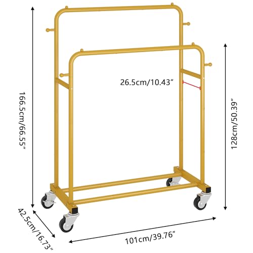 Laiensia Double Rods Garment Rack with Wheels, Clothing Rack for Hanging Clothes,4 Hooks, Multi-functional Bedroom Clothes Rack, Gold - color: Gold