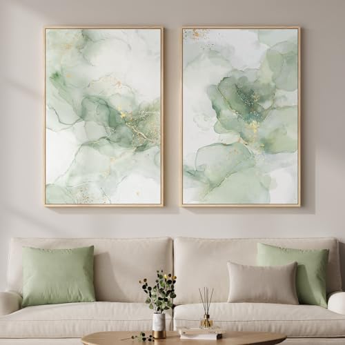 Framed Sage Green Abstract Wall Art for Living Room, Large Set of 2 Green Gold Canvas Artwork for Walls, Minimalist Modern Paintings Print Wall Decor for Bedroom Dining Room Office Hallway, 24x36 Inch - color: Sage Green Gold, size: 24" W x 36" H x 2Pcs