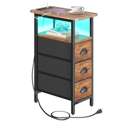 sthmec End Table with Charging Station,LED Side Tables with USB Ports and Outlets,Skinny Bedside Table with 3 Drawers,Small Nightstands for Small Space,Slim Sofa Table for Livingroom,Rustic Brown - color: Rustic Brown, size: 7.88'' W*15.75'' D*24.3'' H, s