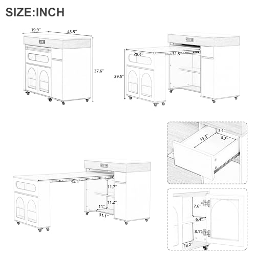 Extendable Dining Table with Extra-Long Folding Top, Rolling Kitchen Island with Storage Cabinet, Drawers & Brake Lock, Sturdy Mobile Cart for Kitchen, Dining Room & Open Spaces (Black2) - color: Black2