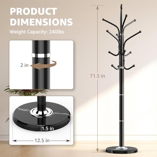 HzTinT Heavy Duty Coat Rack with Marble Base, 12 Hooks, Adjustable Heights | Freestanding Coat Tree, Metal Coat Stand, For Coats, Bags & Hats in Entryway, Black