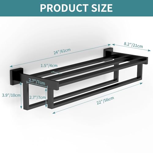 STWWO Towel Racks for Bathroom Wall Mounted, 24 Inch Black Double Towel Bar | Dual Towel Rack with Shelf, Double Towel Bar with Shelf, Stainless Steel Hand Towel Hanger, Bath Towel Holder for Wall - color: Black