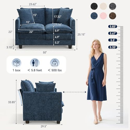 3 Seater Couch & Loveseat Sofa 2 Piece Set, Small 50" Love Seat & 69" Cloud 3 Seat Couch Sofa Set Washable Chenille Pillow Living Room Set for Apartment Office 50-Blue-3+2 - color: Blue, size: 50"+69"