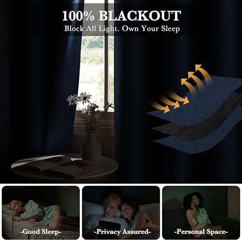 RYB HOME Navy Blue 100% Blackout Sliding Door Curtains 60 Wide 84 Long | Single Panel, Linen Blackout Drape, Bedroom Apartment Closet, Room Divider, Privacy Protection, Thermal Insulated, W60 x L84 - color: Navy Blue, size: 60"W x 84"L (Pack of 1)