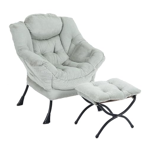 Lazy Chair with Ottoman, Comfy Accent Reading Chair, Plush Green | Foldable Footrest,Removable Cover,with Armrests and Side Pockets,Upholstered Lounge Chair for Bedroom,Dorm,Office,Small Space - color: Plush Green