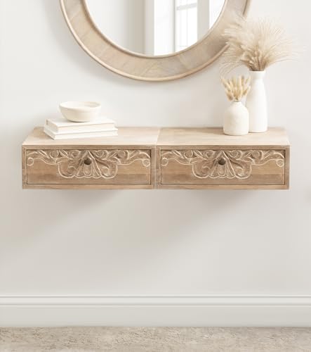 Kate and Laurel Mirza Transitional Carved Wood Floating Side Table, 18 x 12 x 6, Natural Wood, Mounted Solid Wood Wall Shelf with Drawer for Storage