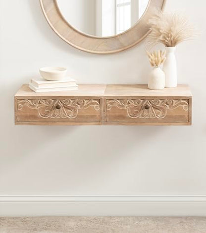 Kate and Laurel Mirza Transitional Carved Wood Floating Side Table, 18 x 12 x 6, Natural Wood, Mounted Solid Wood Wall Shelf with Drawer for Storage