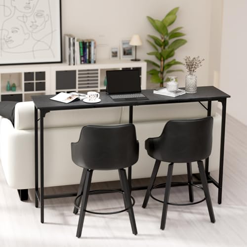 VINGLI 63 Inch Counter Height Bar Table Set with 2 Bar Stools, Wood Narrow Long Pub Table Set, Compact Bar Table for Kitchen/Dining Room/Sofa, Black - color: Black, size: 63"L