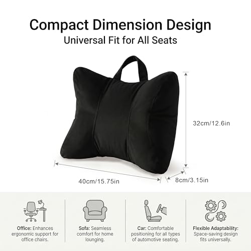 Lumbar Pillow for Car Seat and Office Chair, Classic Black | Ergonomic back support cushion with a removable, washable corduroy cover for driving, desk chairs, sofas and recliners - color: Classic Black