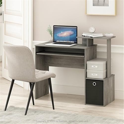 MAKLAINE Wood Computer Writing Desk, French Oak Gray and Black Finish, 39.4" W x 15.8" D x 34.1" H, Compact Design with Keyboard Tray, Storage Bin, Home Office Workspace