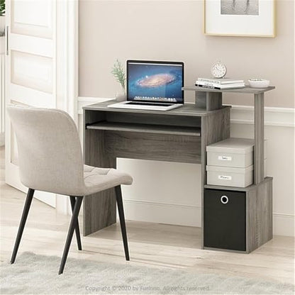 MAKLAINE Wood Computer Writing Desk, French Oak Gray and Black Finish, 39.4" W x 15.8" D x 34.1" H, Compact Design with Keyboard Tray, Storage Bin, Home Office Workspace