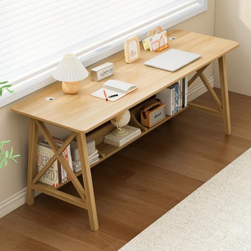NELYE Extra Long Writing Desk with Bookshelf, 63" Wx20 Dx30 H, Oak | Wooden Home Office Work Study Table, Computer Gaming Workstation with Storage Shelf, Sturdy MDF Resists Wobble - color: Oak, size: 63"W20"D