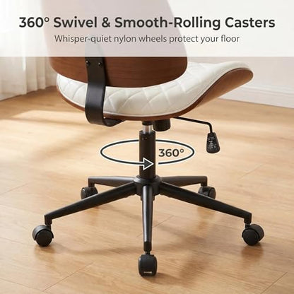Furnimart Wooden Armless Desk Chair with Wheels, 360° Swivel Faux Leather Vanity Chair for Bedroom, Small Office Computer Task Chair for Home & Compact Spaces (PU White) - color: Pu-white