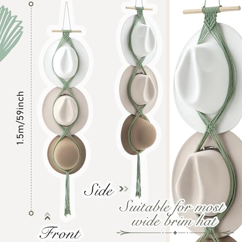 Macrame Hat Hangers Racks Boho Cowboy Hats Holders Western Display Organizer Storage decor Back of Door for Wall(Sage Green,Three Hats Style) - color: Sage Green, style: Three Hats Style