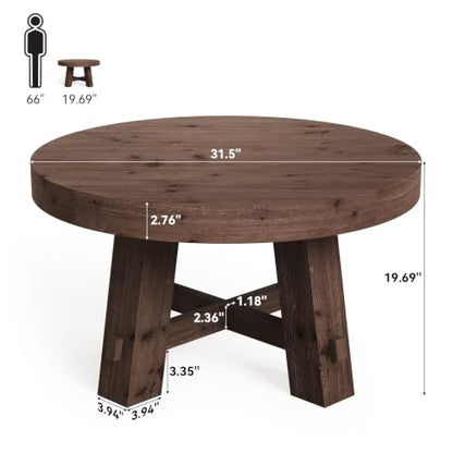 31.5-Inch Round Coffee Table, Solid Wood Center Table with Thickened Tabletop for Living Room, Apartment, Small Space, Brown - color: Walnut Brown