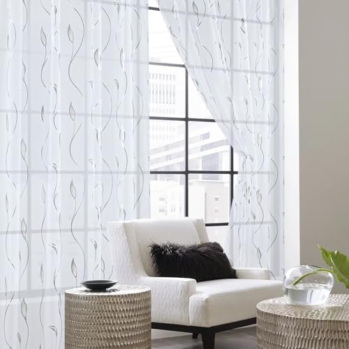 Silver Foil Print Sheer Curtains 63 inches Long, 2 Panels Ginkgo Bronzing Treatment Sheer Curtain, Rod Pocket Window Treatment Panels for Bedroom Living Room - color: Wicker/Silver/White, size: 42"W x 63"L (Pack of 2)