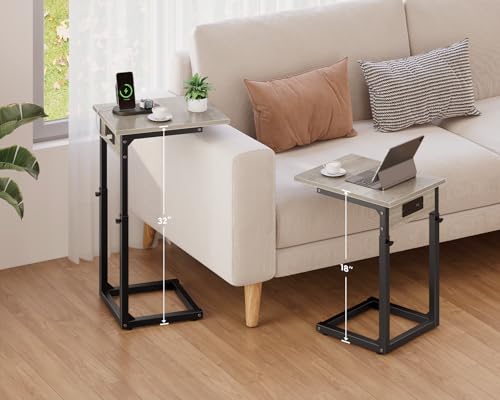 C Shaped End Table with Charging Station, Adjustable Height Side Table for Couch, C Table End Table Couch Table that Slide Under, Sofa Table TV Tray Arm Tables for Living Room, Bedroom, Gray - color: Greige, style: Charging Station
