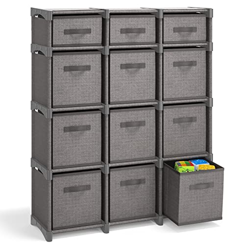 12 Cube Storage Organizer, Gray Storage Cubes Organizer Shelves, Sturdy Cubbies Storage Shelves with Cube Storage Organizer Bins, DIY Cube Shelf Organizer for Bedroom, Playroom, Office, & Dorm, Black - color: Grey, size: 12 - Cube Organizer